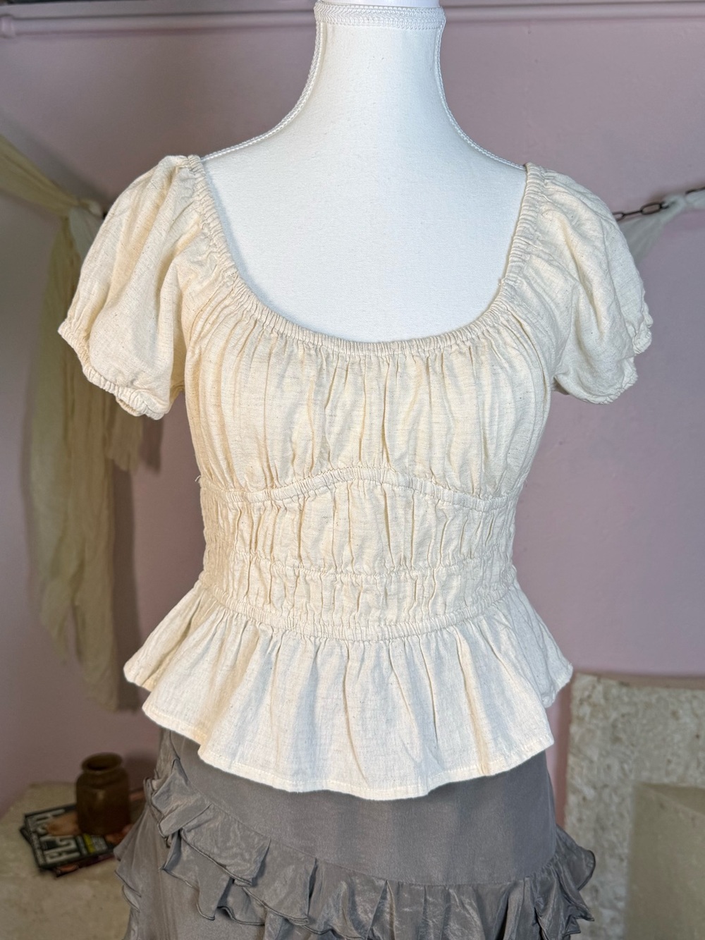 Cream Cotton Linen Peasant Blouse Babydoll Top Size S